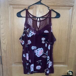 Maurices Floral Burgundy Lace Trim Women's Top